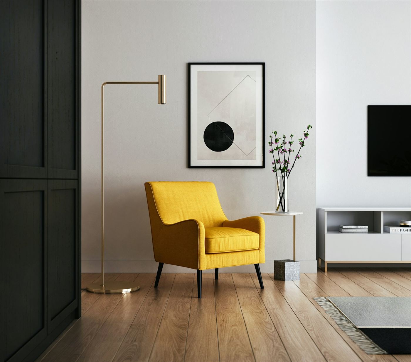 Lichte hoek met gele fauteuil, staande lamp en houten vloer